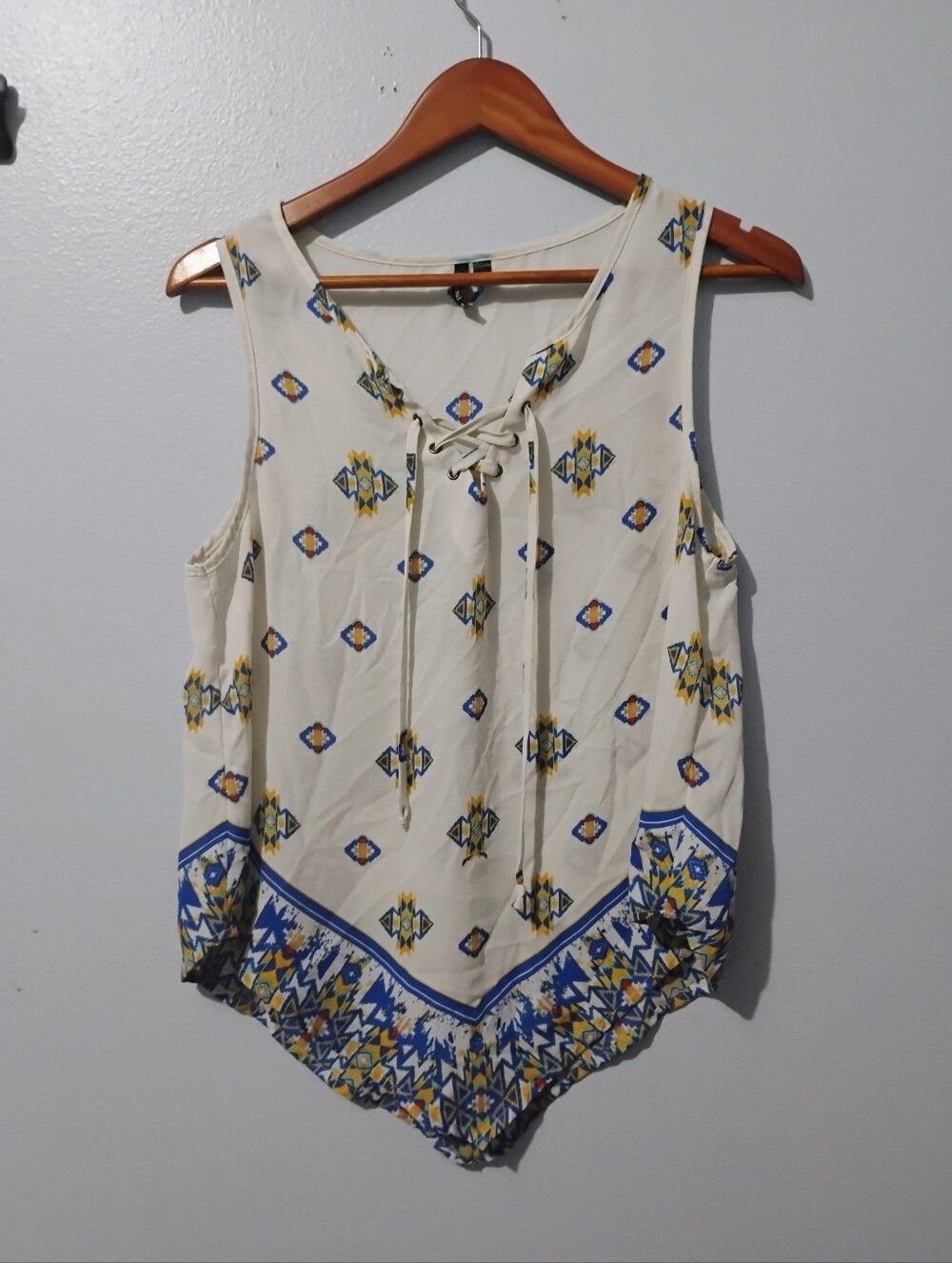 HeartSoul Cream Camisole with Blue & Yellow Geometric Print